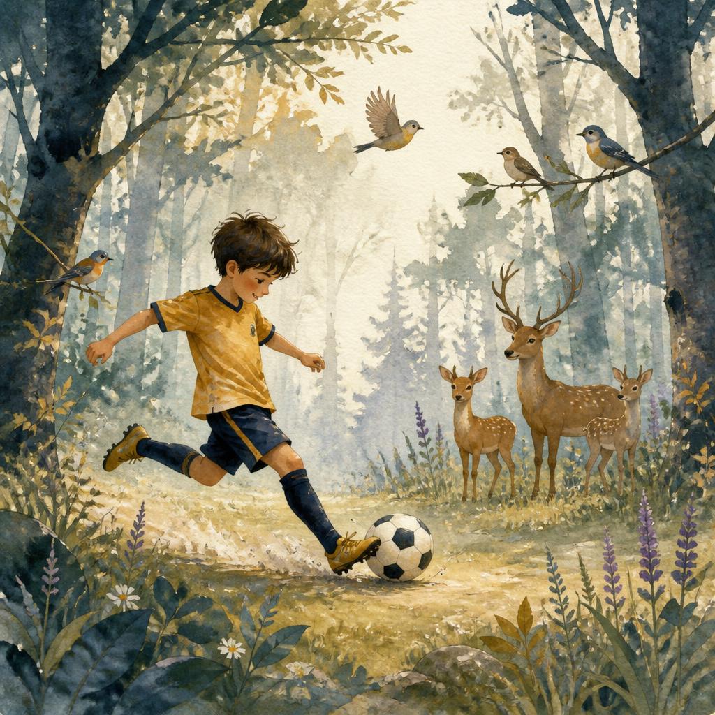 Watercolour illustration of a boy in a gold football jersey playing in a misty forest clearing while deer and birds watch