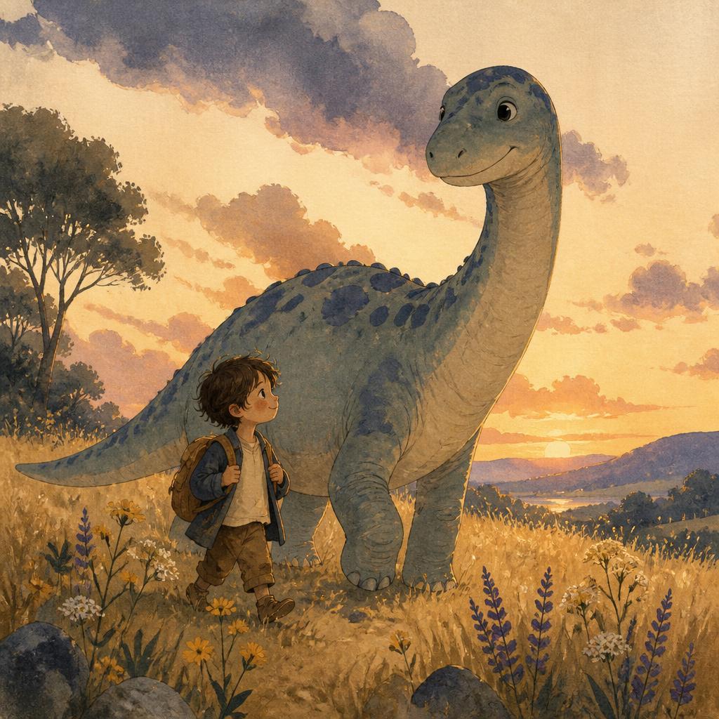 Watercolour illustration of a child walking through a golden meadow beside a gentle dinosaur