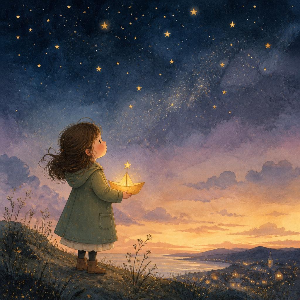 Watercolour illustration of a girl on a hillside holding a glowing paper lantern beneath a sky of golden stars